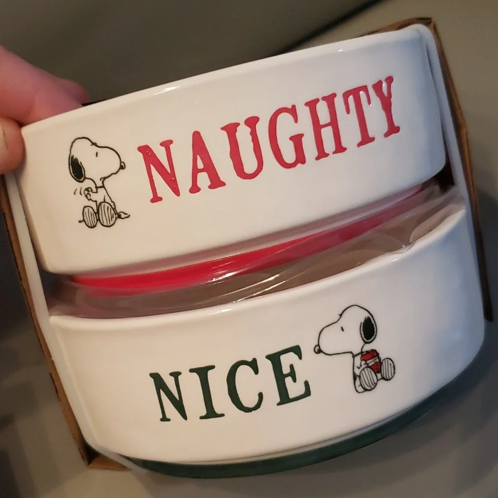 Rae Dunn Peanuts stackable Naughty / Nice Snoopy bowls set of 2 NWT